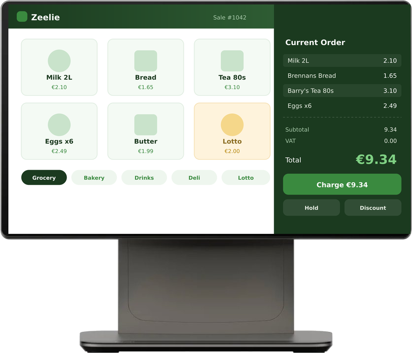 Sunmi D3 Pro POS terminal — merchant view showing the Zeelie sale screen with product grid and order summary